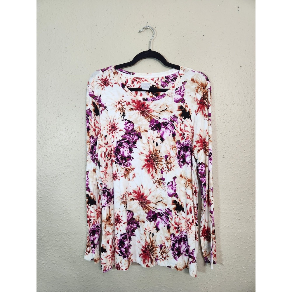 Chico's Womens XL White Purple Floral Long Sleeve Crew Neck Stretch Jersey Top